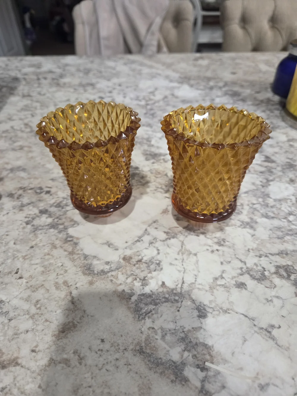 Vintage Amber Diamond Cut Sconce Votive Candle Holder Set Of 2
